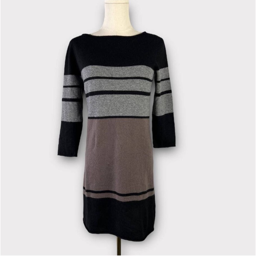 360 cashmere long sleeve striped black grey and brown sweater dress, S small